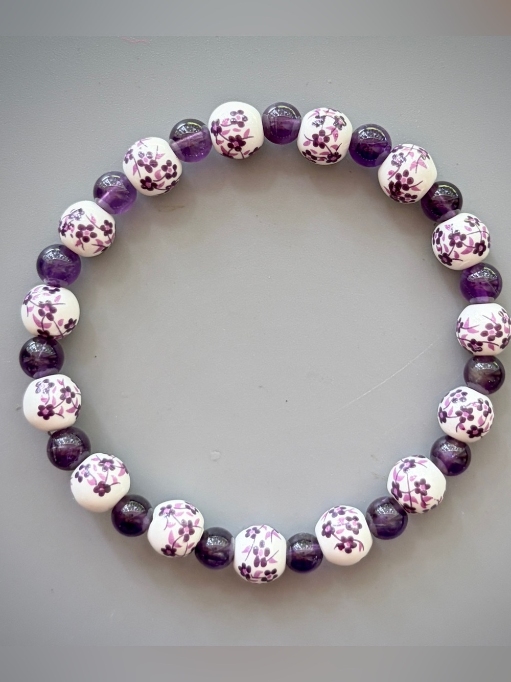 Purple and White Porcelain beads with Purple Amethyst Handcrafted Bead Bracelet